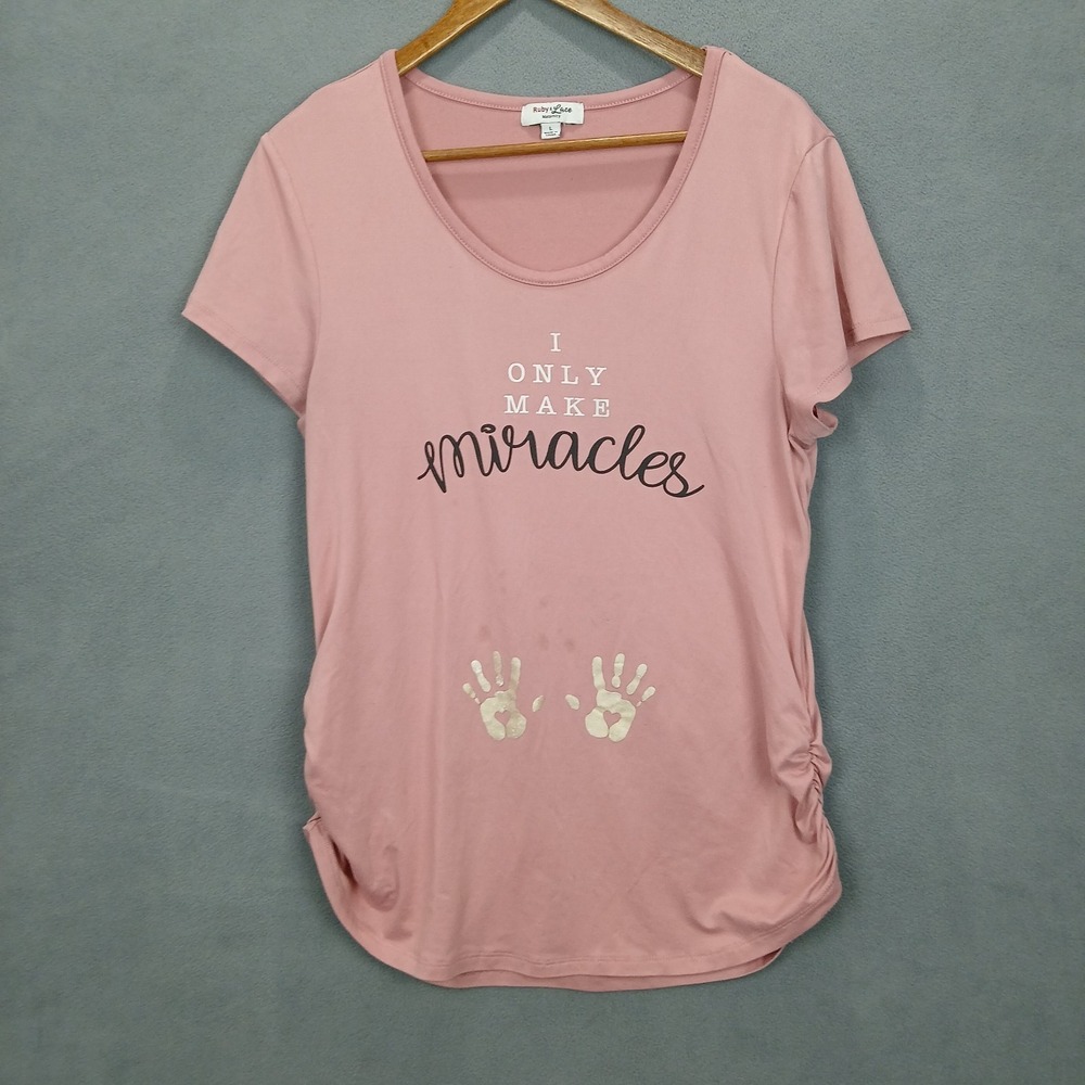 Ruby & Lace Maternity T Shirt Womens Large Pink I Only Make Miracles Hands Logo
